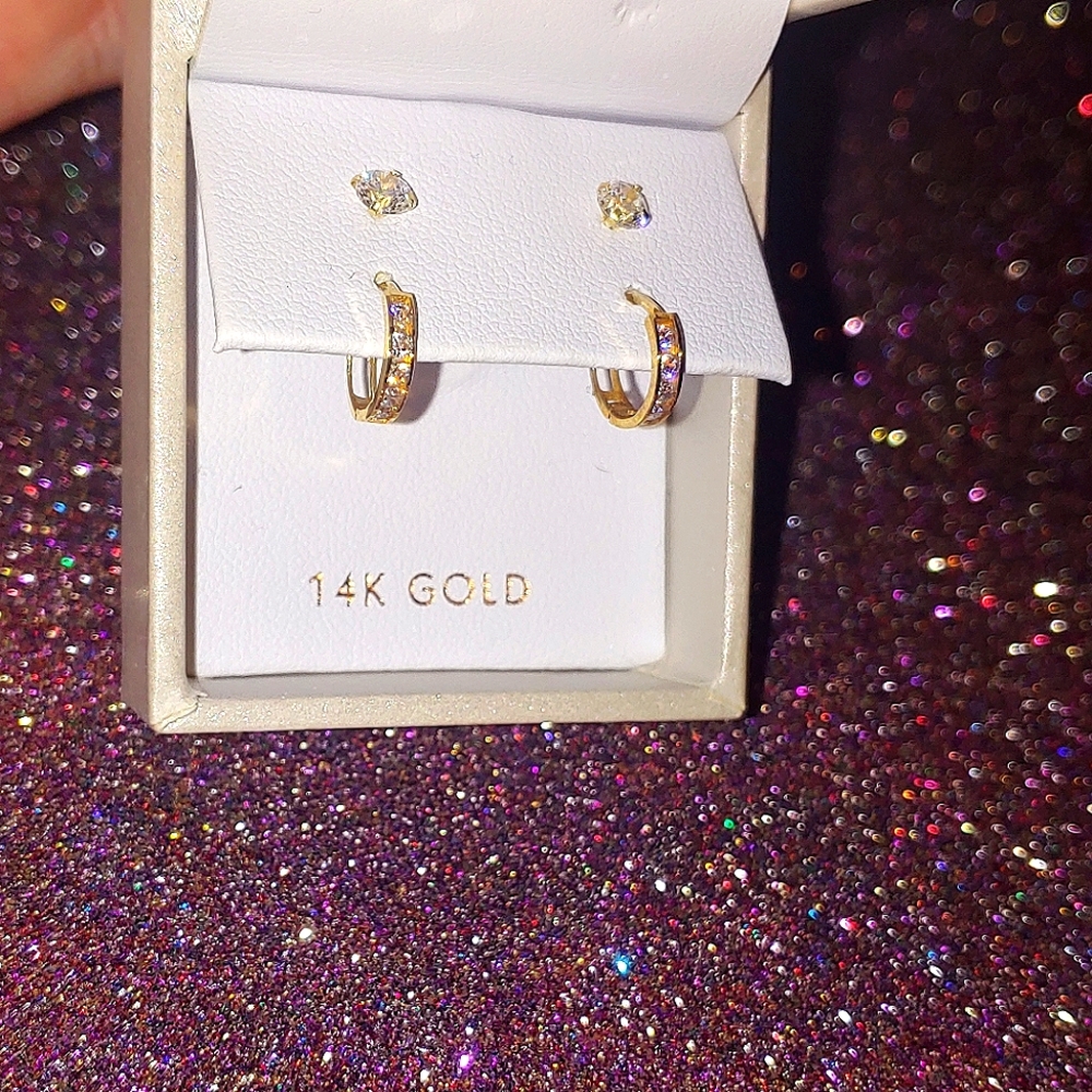 Set of 2 Pairs of 14k GOLD Earrings Rachel Zoe Hoops & Studs